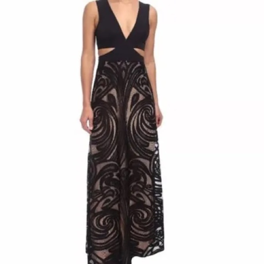 BCBG Black Maxi Gown with V-Neck Sleeveless Design and Cutouts